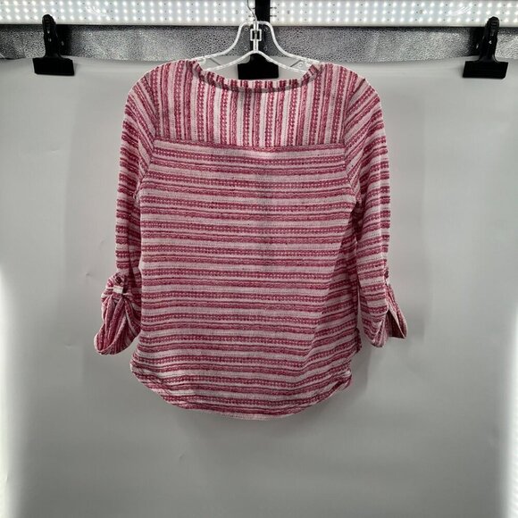 Ann Taylor Loft Womens Tie Neck Long Roll Tab Sleeve Blouse Pink/White Striped S - Picture 5 of 11
